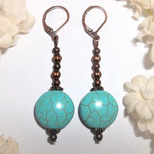 Turquoise & Copper Boho Earring Set Long Drop 6622